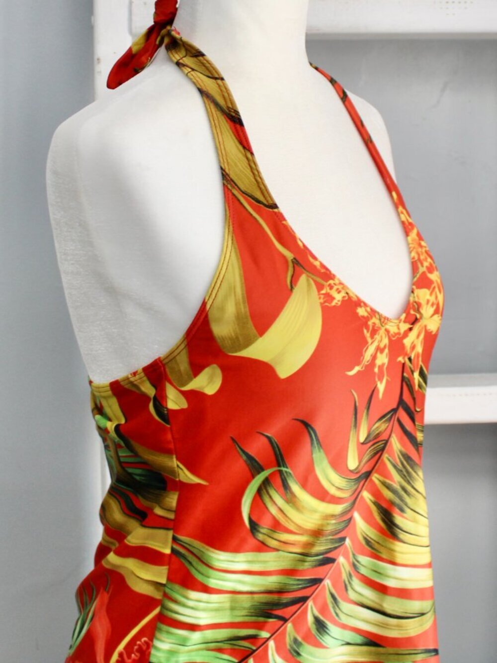 Anne Klein VTG Y2K Tropical Green Leaf Halter Swim Tank Blood Orange Size 12 - Picture 4 of 5